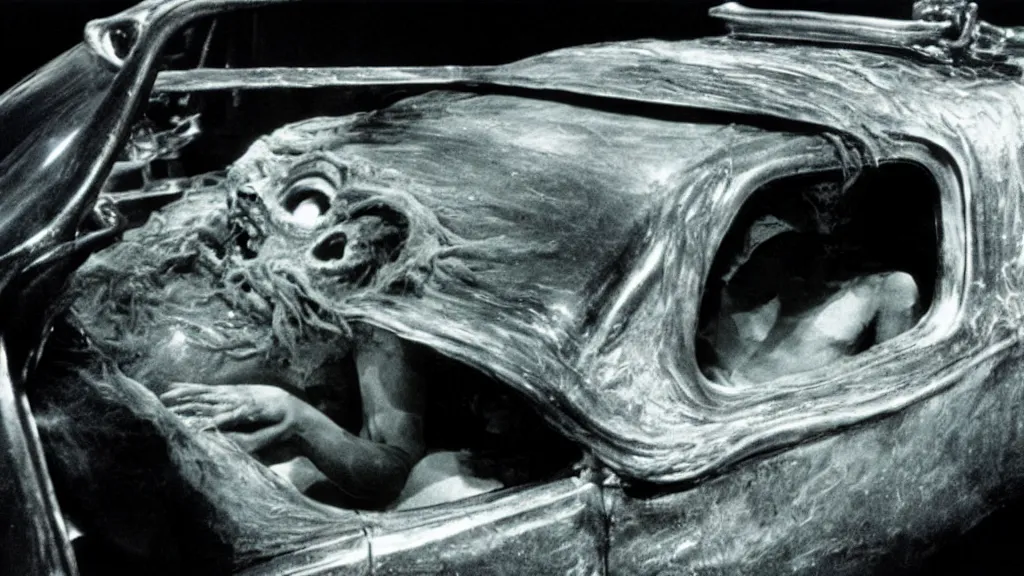 Prompt: the creature sits in a car, view of the car, made of wax and metal, film still from the movie directed by David Cronenberg with art direction by Salvador Dalí, wide lens