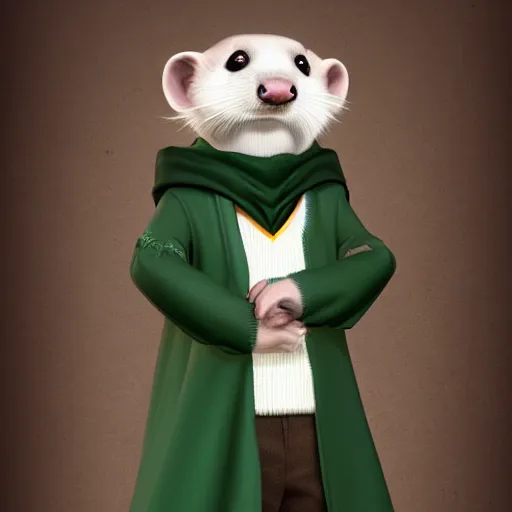 Image similar to a anthropomorphic ferret is dressed as a hogwarts student in slytherin robes, hyperdetailed, artstation, cgsociety, 8 k