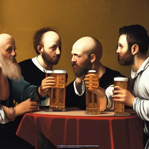 Image similar to five men drinking beer and talking intelligently in pub, caravaggio, detailed photograph, josh kirby, 4k, unreal engine