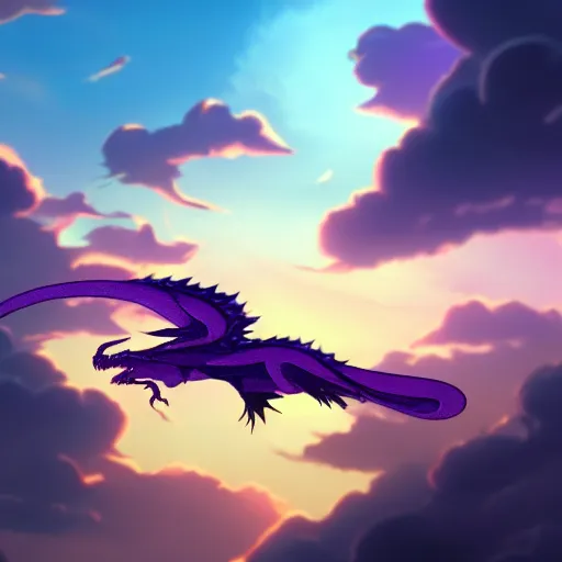 Prompt: serpentine dragon flying through the purple sunset sky, volumetric lighting, highly detailed, 4k, anime scenery by Makoto Shinkai.