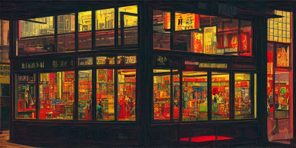 Image similar to s shop window in hong kong, by dan mumford and peter doig and edward hopper, heavy black lines, highly detailed, dramatic lighting, 8 k