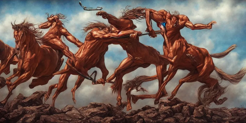 Prompt: centaurs fighting by gerald brom, hyper realistic