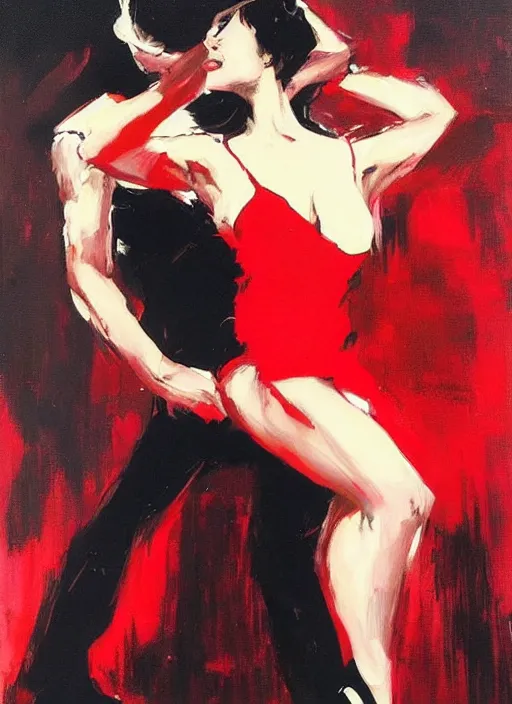 Image similar to tango dancerin in black and red dress, painting by phil hale, fransico goya,'action lines '!!!, graphic style, visible brushstrokes, motion blur, blurry, visible paint texture, crisp hd image