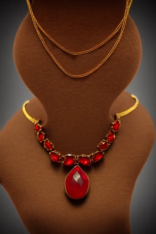 Prompt: historical, art nouveau, red gemstone necklace hanging around a neck, gold metal, glowing inside, octane render, realistic, dramatic light, 3 d, photograph 4 k,