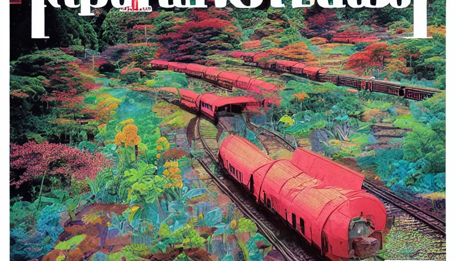 Image similar to Japan rural splendor rail travel and touring c2050, surrealist psychedelic photo-collage painting in the style of Newsweek magazine, +81 magazine, Roger Dean, Yoshio Awazu, vivid color