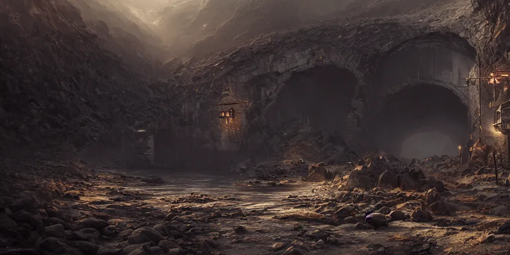 Image similar to an ultra realistic, cinematic, fantasy landscape, with a deserted coal mine entrance into the mountain, detailed, deep focus, movie still, dramatic lighting, ray tracing, by wlop and ross tran