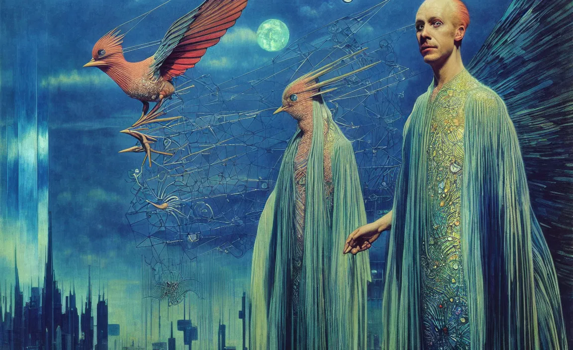 Image similar to realistic detailed portrait movie shot of a birdman wearing reflective transparent robes, sci fi city landscape background by denis villeneuve, amano, yves tanguy, alphonse mucha, ernst haeckel, max ernst, roger dean, masterpiece, rich moody colours, blue eyes