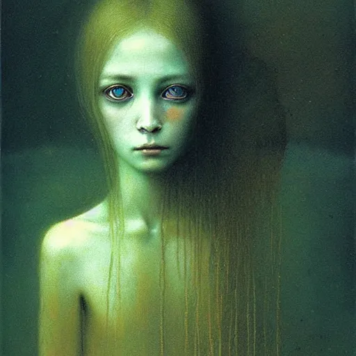 Prompt: portrait of ethereal young vampire princess in golden armour by Beksinski
