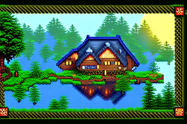 Image similar to view of a cottage above an azure lake, beautiful detailed pixelart by albertov and by pixel jeff in the style of ultima vii, intricate details, beautifully dithered gradients, volumetric lighting, cgsociety, artstation, 2 d