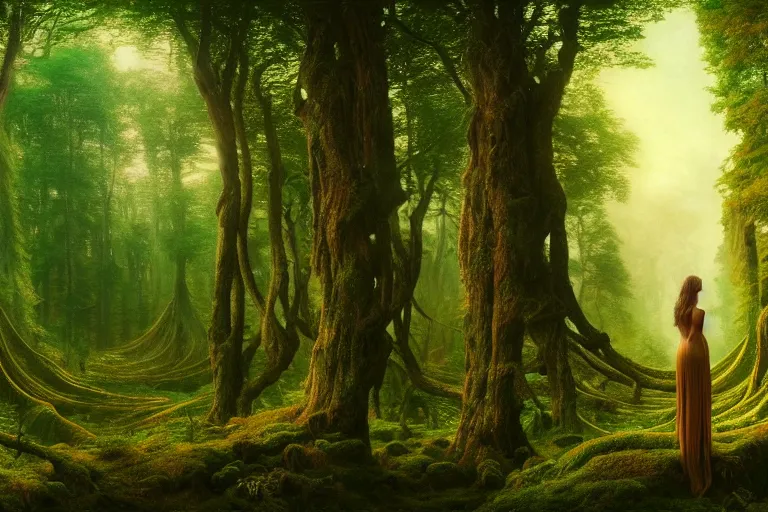 Prompt: a beautiful and highly detailed matte painting of a sexy lady standing facing a mystical forest, psychedelic, celtic, intricate details, epic scale, insanely complex, 8 k, sharp focus, photorealism, artstation, cgsociety, by caspar friedrich, albert bierstadt, james gurney, brian froud,