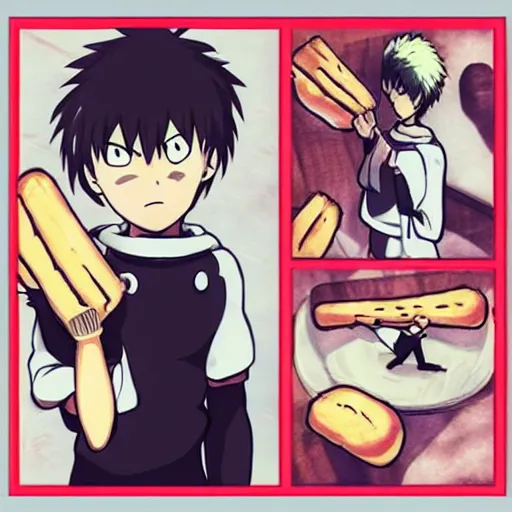 Image similar to bread baker one punch man, baking french baguette, instagram post, manga book anime style, pixiv