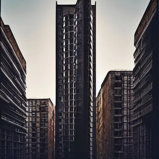 Image similar to “derelict architecture housing neighborhood , housing designed by architect Santiago Calatrava, architecture digest, building surrounded in a luxury environment, dark tones, fluorescent lighting,volumetric Lighting, photorealism, high detail, golden ratio, cinematic, octane renderer”