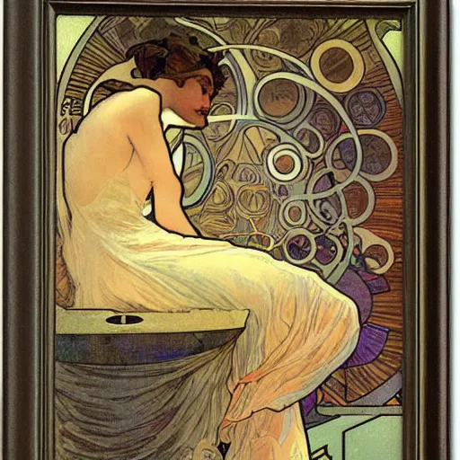 Image similar to a woman floating in a glowing cylinder in a science fiction laboratory by Alphonse Mucha