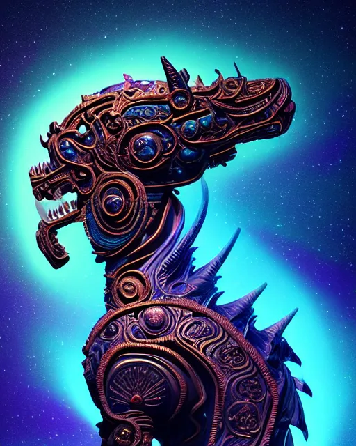 Image similar to 3 d ornate carved dark cosmic horse with profile portrait, sigma 5 0 0 mm f / 5. beautiful intricate highly detailed quetzalcoatl skull. bioluminescent, plasma, lava, ice, water, creature, thunderstorm! artwork by tooth wu and wlop and beeple and greg rutkowski, 8 k trending on artstation