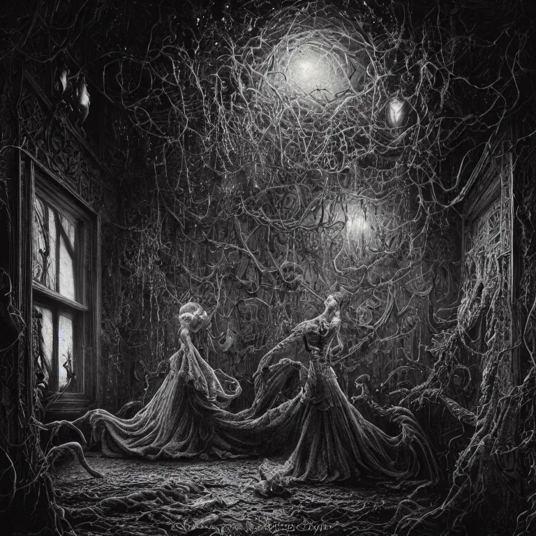 Prompt: New Year's Eve in a Haunted House, creepy, nightmare, dream-like heavy atmosphere, surreal , beautiful detailed intricate insanely detailed octane render trending on Artstation, 8K artistic photography, photorealistic, chiaroscuro, MC Escher, Basil Gogos, Gustave Dore, Beksinski, Rudolph Belarski, Laurie Lipton, Charles Addams