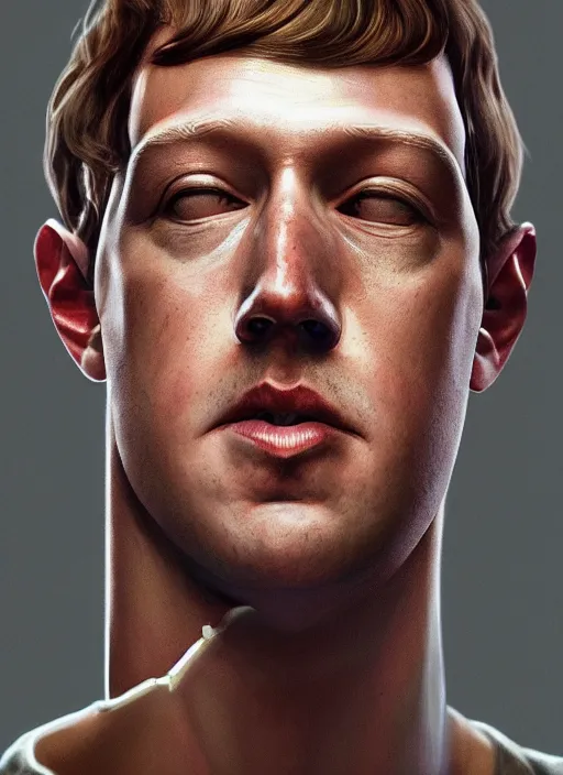 Image similar to portrait of mark zuckerberg with long long neck and lizard eyes and snake tongue, hyper detailed, digital art, trending in artstation, cinematic lighting, studio quality, smooth render, unreal engine 5 rendered, octane rendered, art style by klimt and nixeu and ian sprigger and wlop and krenz cushart.