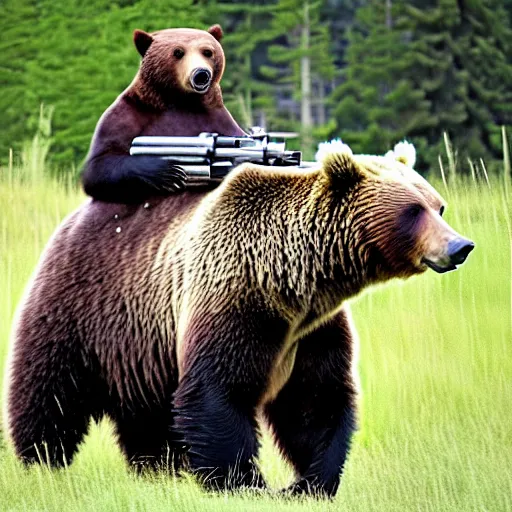 Image similar to grizzly bear holding a mounted minigun