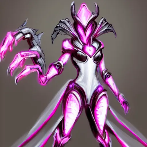 Prompt: highly detailed realistic exquisite fanart, of a beautiful female warframe, but as an anthropomorphic elegant robot female dragoness, glowing eyes, shiny and smooth off-white plated armor, bright Fuchsia skin beneath the armor, sharp claws, robot dragon four fingered hands, and robot dragon three clawed feet, royal elegant pose, full body and head shot, epic cinematic shot, professional digital art, high end digital art, DeviantArt, artstation, Furaffinity, 8k HD render, epic lighting, depth of field