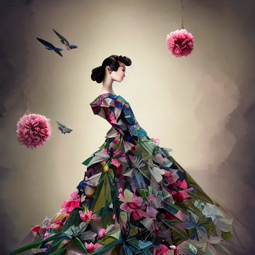 Image similar to 3 / 4 view of a beautiful girl wearing an origami dress, eye - level medium shot, fine floral ornaments in cloth and hair, hummingbirds, elegant, by eiko ishioka, givenchy, tsuguharu foujita, by peter mohrbacher, centered, fresh colors, origami, fashion, detailed illustration, vogue, japanese, reallusion character creator