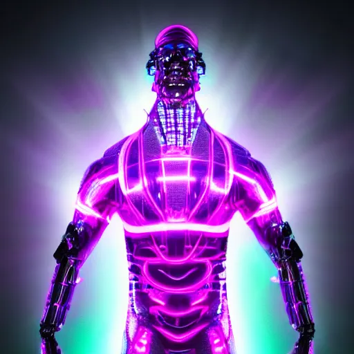 Image similar to neon-noir cybernetic devil-god, iridescent statue, full body, hyper realistic, 8k cinematic lighting, black background, magical glow, sparkly atmophere, ominous, surreal, futuristic, no long neck and double face - W 1024