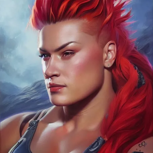 Image similar to detailed portrait of zarya from overwatch, intricate, hyper detailed, realistic, oil painting, by julie bell, frank frazetta, cinematic lighting