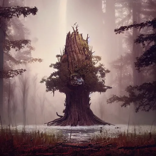 Image similar to 🍺💪🤖. a beautiful tree in the middle of a swamp, digital Art, Greg rutkowski, Trending artstation, cinematic