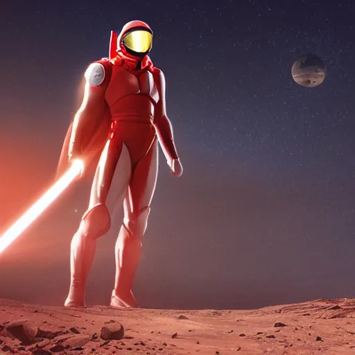 Prompt: tall muscular infantry man in glossy sleek white armor with small red details and a long red cape, not wearing helmet, heroic posture brandishing laser rifle, on the surface of mars, night time, dramatic lighting, cinematic, sci-fi, hyperrealistic, movie still