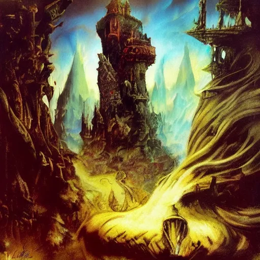 Image similar to princess of the dreamlands, cyclopean city, beautiful! coherent! by mariusz lewandowski, by frank frazetta, deep colors, strong lines, high contrast