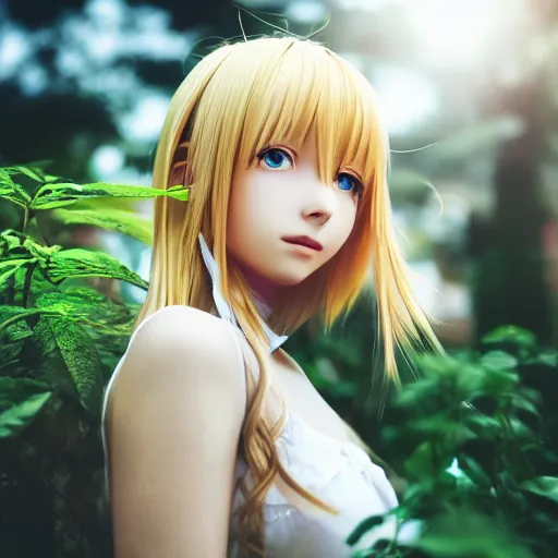 Image similar to a beautiful blond anime girl made from plants, full body shot, symmetrical face, 8 k, shallow depth of field, moody lighting, cinematic lighting,