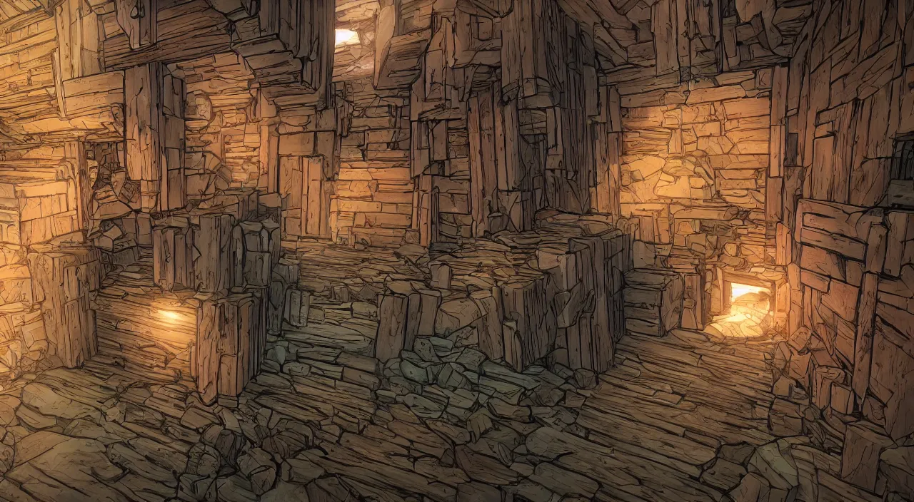 Image similar to wood wall fortress greeble block amazon jungle portal door unknow world global illumination ray tracing ambiant torch fornite that looks like it is from borderlands and by feng zhu and loish and laurie greasley, victo ngai, andreas rocha, john harris