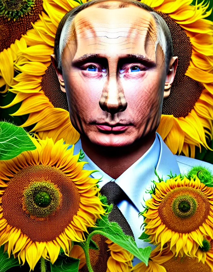 Image similar to photo portrait of Vladimir Putin - sunflowers - dressed in leisure suit with ornamental ethereal sunflower pattern, natural skin tone, highly detailed realistic flowers ornament in the upper side of breast, hair, eyebrows and wrinkles are intricate with highly detailed realistic flowers, elegant, Realistic, Refined, Highly Detailed, natural soft pastel lighting colors scheme, fine art photography by Cecil Beaton, volumetric lighting, hyper realistic photography