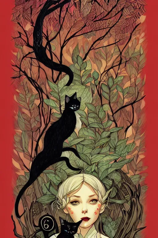 Image similar to concept art design illustration, forest, cat, witch, fantasy book cover illustration!!, 1 6 colors, logo, ink drawing, art by jc leyendecker and sachin teng