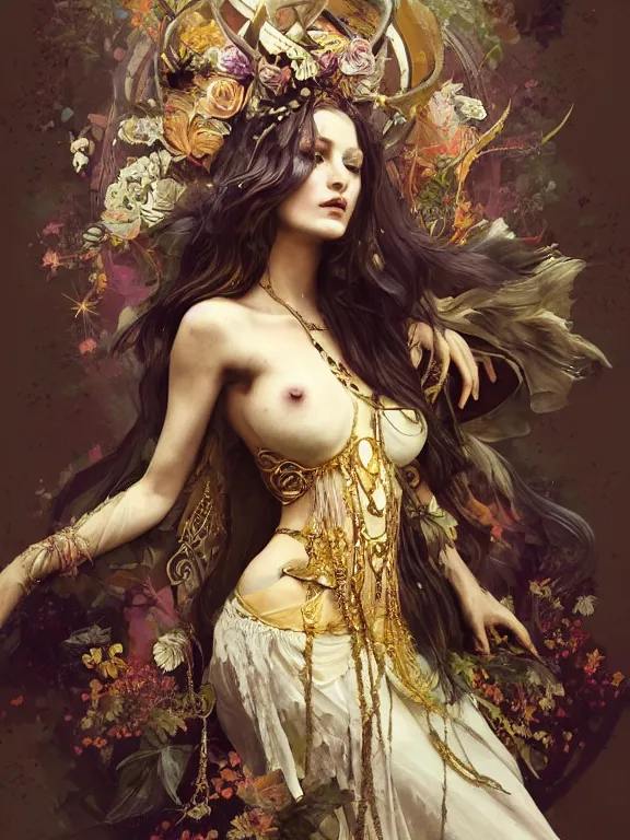 Prompt: Full view Bohemian Maiden goddess of the woods in beautiful dress, 4k digital illustration by Ruan Jia and Alberto Seveso, art nouveau iconography background, stunning portrait, amazing magnificent mystical illustration, award winning art, gold details, rim light, tarot card, intricate details, realistic, full view, Artstation, CGsociety