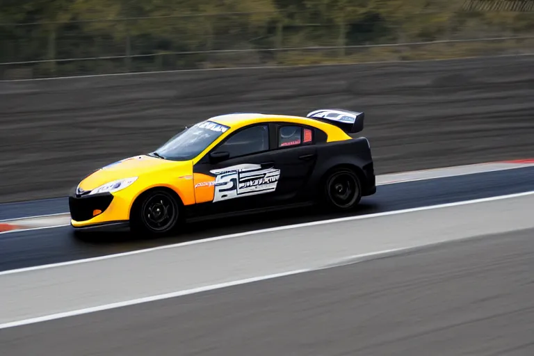 Image similar to black GT4 Mazdaspeed3 black plain livery simple, racing on track photo 2008 cinematic motion blur dof