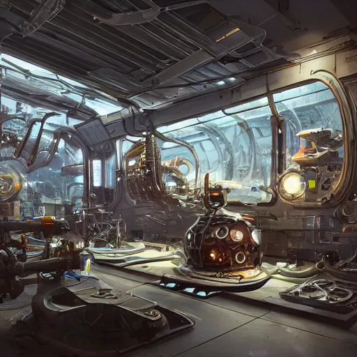 Prompt: the inside of a futuristic mechanic spaceshop coc, highly detailed interior, scrap metal on workbenches, half - finished robot, mechanical bugs in a display case, holographic screen in center frame by peter mohrbacher, trending on artstation, cryengine render, 8 k
