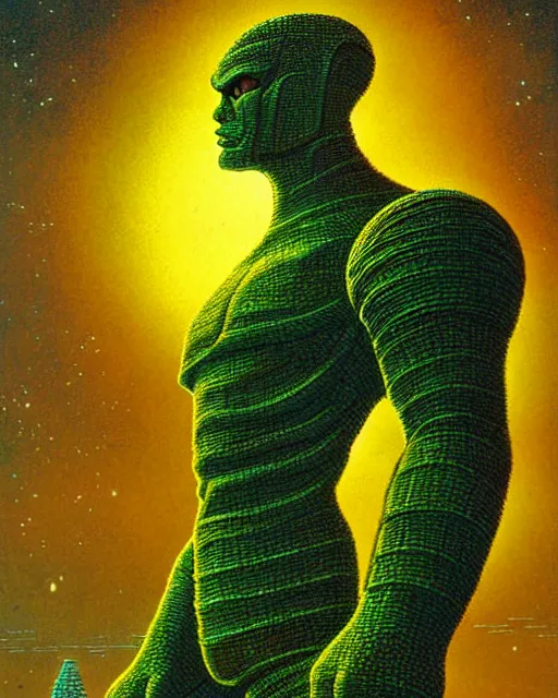 Image similar to portrait giant green humanoid with his fist up, brown armor, background ancient alien landscape, low angle, close up, concept art, intricate details, highly detailed, vintage sci - fi poster, retro future, vintage sci - fi art, in the style of chris foss, rodger dean, moebius, michael whelan, and gustave dore