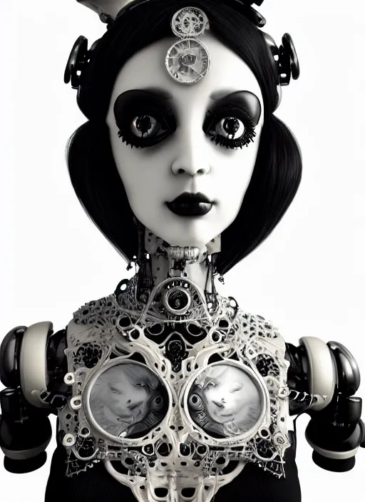Image similar to black and white dreamy profile face portrait, one silver steampunk eye biomechanical beautiful angelic young female cyborg - robot - doll bust, body ribs meshes,, volumetric light, hibiscus flowers, rim light, big gothic fashion pearl embroidered collar, 1 9 3 0, 8 k