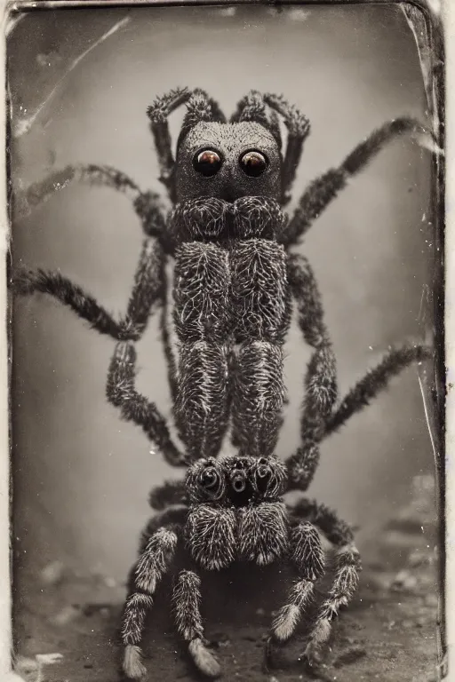 Prompt: a wet plate photo of an anthropomorphic tarantula king, wearing a crown