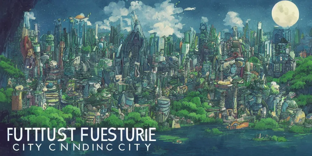 Image similar to future city covered by forest creature, flying, culture, smooth, by studio ghibli