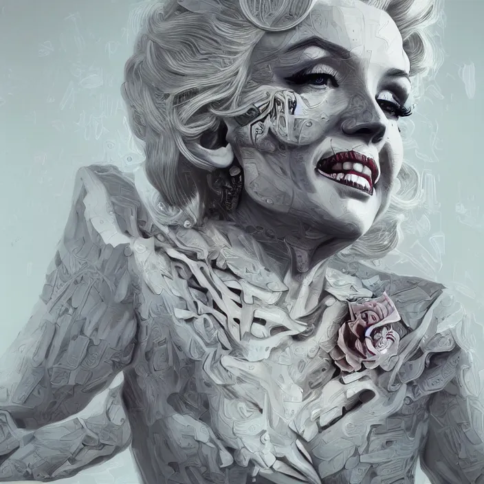 Prompt: portrait of Marilyn Monroe as a skull in a suit. intricate abstract. intricate artwork. nightmare fuel. by Tooth Wu, wlop, beeple, dan mumford. octane render, trending on artstation, greg rutkowski very coherent symmetrical artwork. cinematic, hyper realism, high detail, octane render, 8k, iridescent accents