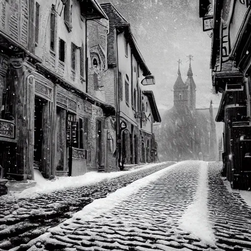 Prompt: an ultra detailed black and white tarot card of the quaint town of galic, grid shaped city cobblestone streets, fantasy city, the morning after a heavy snowfall, wind, inspiring gothic architecture, ultrawide lense, aerial photography, unreal engine, exquisite detail, 8 k, art by greg rutkowski and alphonse mucha