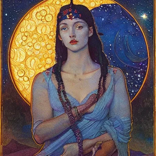 Image similar to queen of the moon with stars in her hair, by nicholas roerich and annie swynnerton and donato giancola and jean delville and dulac, dramatic lighting, god rays, geometric tattoos, rich colors, smooth sharp focus, extremely detailed, leo and diane dillon, adolf wolfli