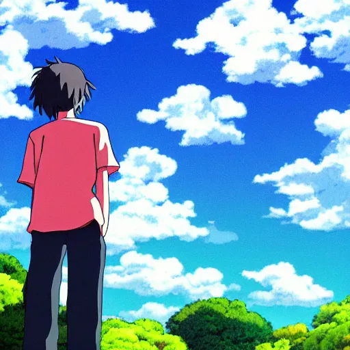 Image similar to friendly guy with Fragile looking portrait face colorful sky made by Studio Ghibli highly detailed art, beautiful scene, sharp focus, smooth, 8k, anime art