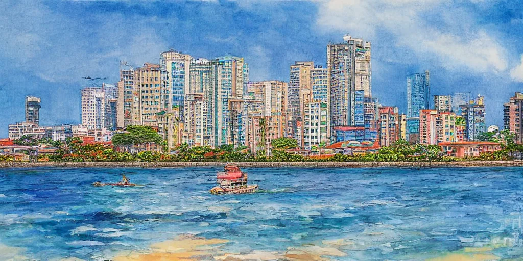 Prompt: colombo sri lanka cityscape, ocean, art by Hayao Miyazaki