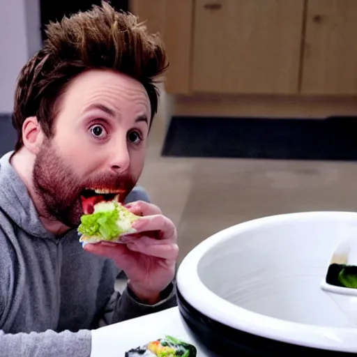 Prompt: Charlie Day eating sushi out of a white toilet bowl, realistic