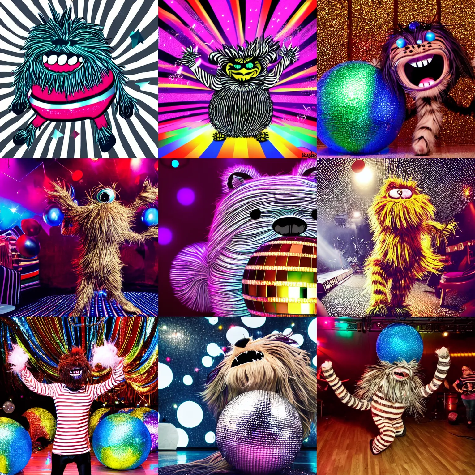 Prompt: a striped hairy monster shakes it's hips dancing underneath a disco ball