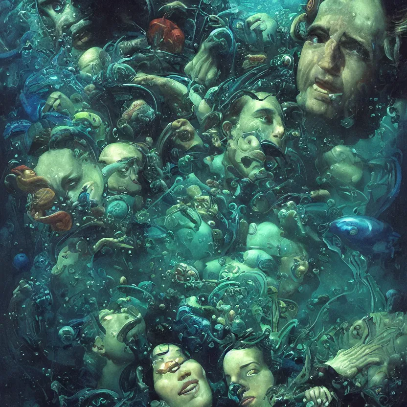 Prompt: an underwater close - up renaissance portrait of a man surrounded by alien sea creatures. deep blue and green tones. night time. gloomy dark black background. highly detailed fantasy science fiction portrait painting by norman rockwell, moebius, frank frazetta, and syd mead. rich colors, high contrast. artstation