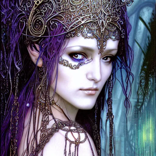 Image similar to a closeup portrait of a beautiful female art nouveau bohemian cyberpunk musician in filigree fractal robes by ted nasmith and luis royo