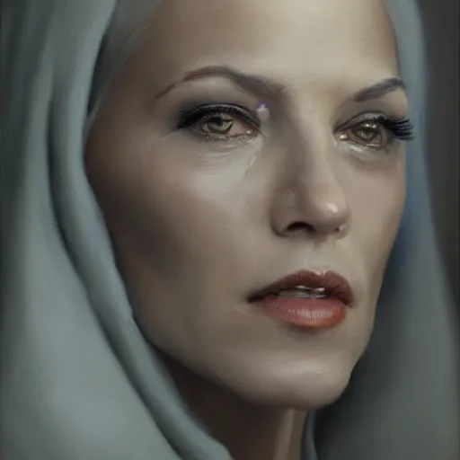 Prompt: An oil painting of a stunningly beautiful female dressed in priest robes, 50 years old, short grey hair, trimmed beard, sharp facial features, beautiful, highly detailed, by Cédric Peyravernay, by greg rudkowski, trending on artstation