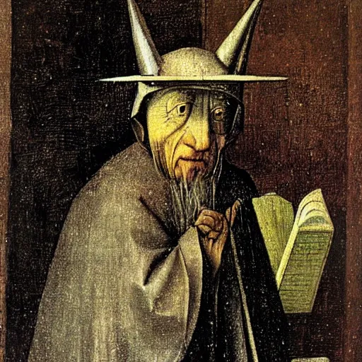 Image similar to portrait of an old wise wizard, art by hieronymus bosch